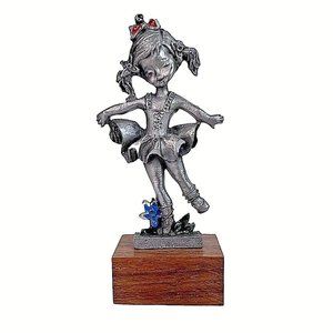 Peltro Pewter Girl Ballerina Figurine On Wood Stand Made In Italy 3” Tall VTG